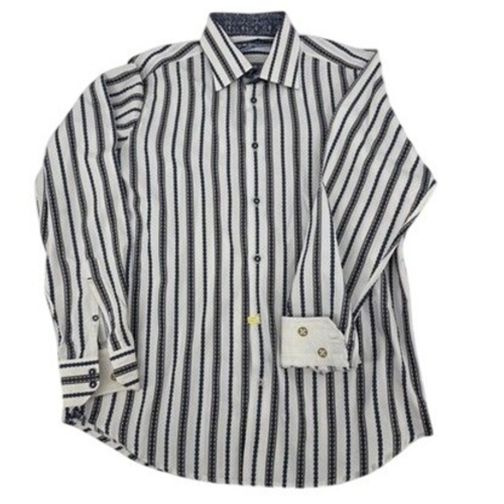 Robert Graham Flip Cuff Shirt Mens XL White Blue Stripe Silk Blend Embroidered